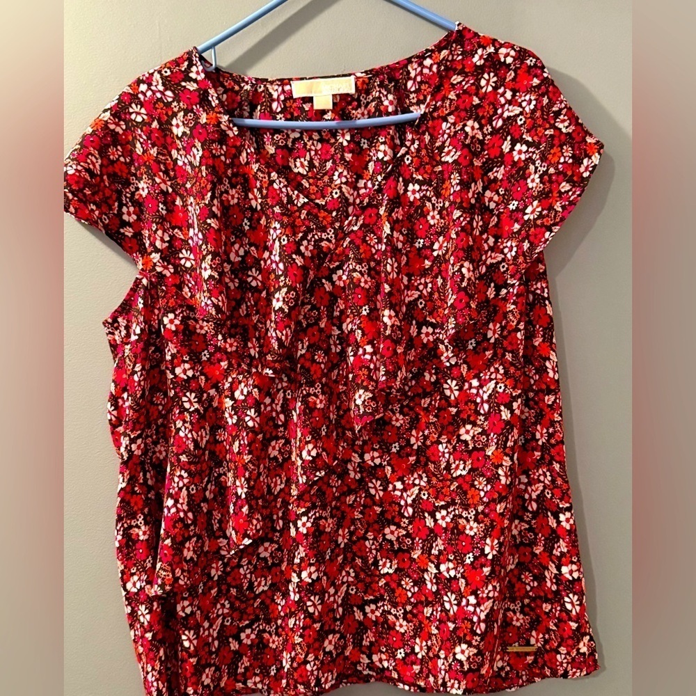 Michael Kors V-Neck Ruffled Short Sleeve Blouse Floral Womens‎ Sz XL